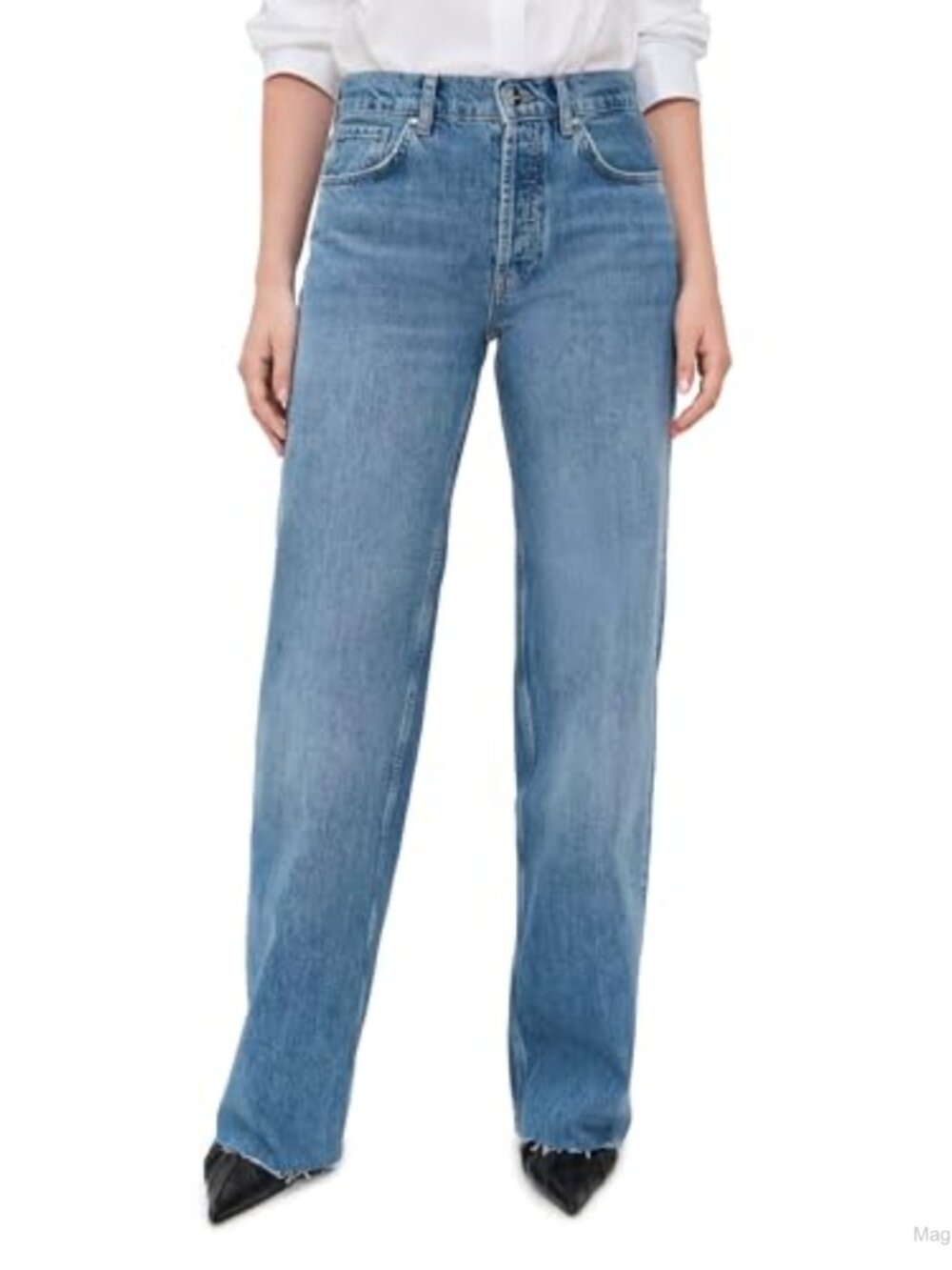 Mid-Weight Non-Stretch Denim Jeans Raw Hem Distressed Wide Leg High Rise